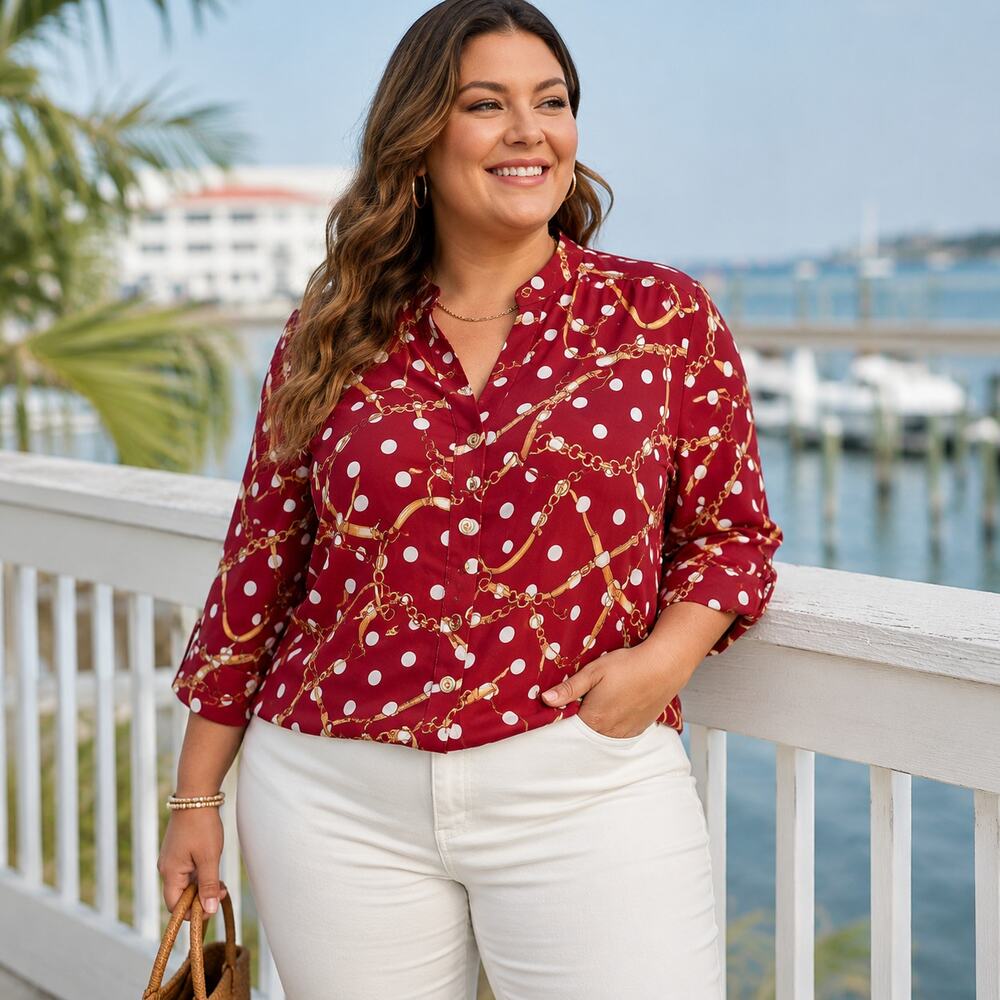 Susan Graver Liquid Knit Button Shirt Sz 2X Equestrian Nautical Preppy Dot Chain